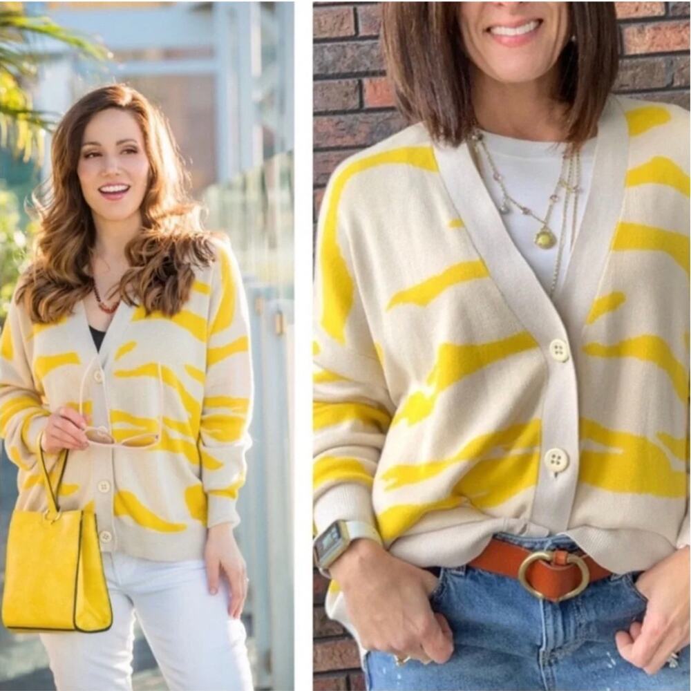 CAbi Yellow Cream Zebra Stripes V Neck Oversized Button Down Cardigan Size Small